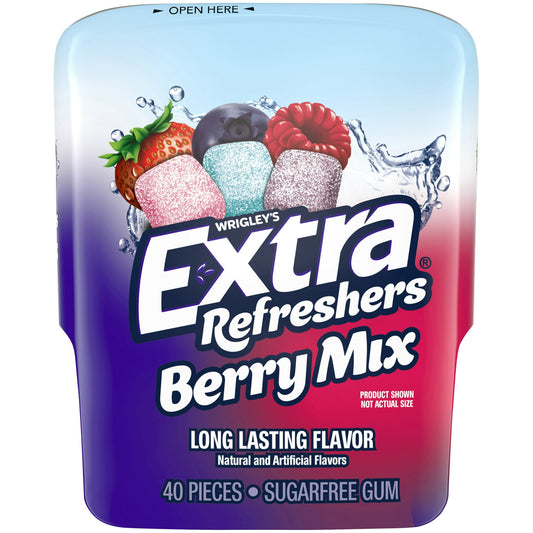 EXTRA Refreshers Berry Mix Gum gives you long lasting flavor for any occasion. Stock up on convenient bottles for the office or for when your party guests need something fresh to get the night started. From first dates to 50th anniversaries, enjoy incredibly fresh breath with this delicious mix of strawberry freeze, raspberry rush and blueberry blast flavors. Chew EXTRA Refreshers Gum for a delicious way to help get in the EXTRA Zone for big tests, or spread the love by sharing a bottle with your study grou