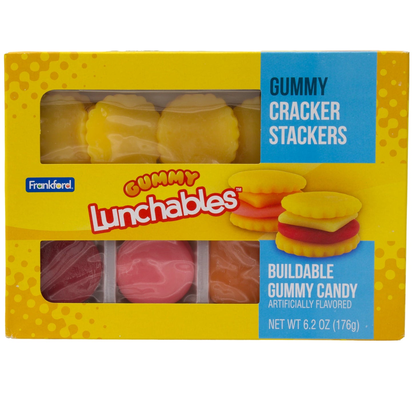 Frankford Kraft Lunchables Cracker Stacker Gummy Candy, Snack Pack 6.2 Ounces. If you love DIY candy, then this fun gummy candy version of Kraft Lunchables is for you! Each cracker stacker kit comes in a thin Lunchables style box and includes 16 pieces of delicious fruit flavored gummy candy meat, cheese, and crackers. Use it on you next social media post, it is sure to keep you trending. Makes a unique gift for kids ages 4+, tweens, teens, and adults of all ages. Bring back the nostalgia of one of your fav