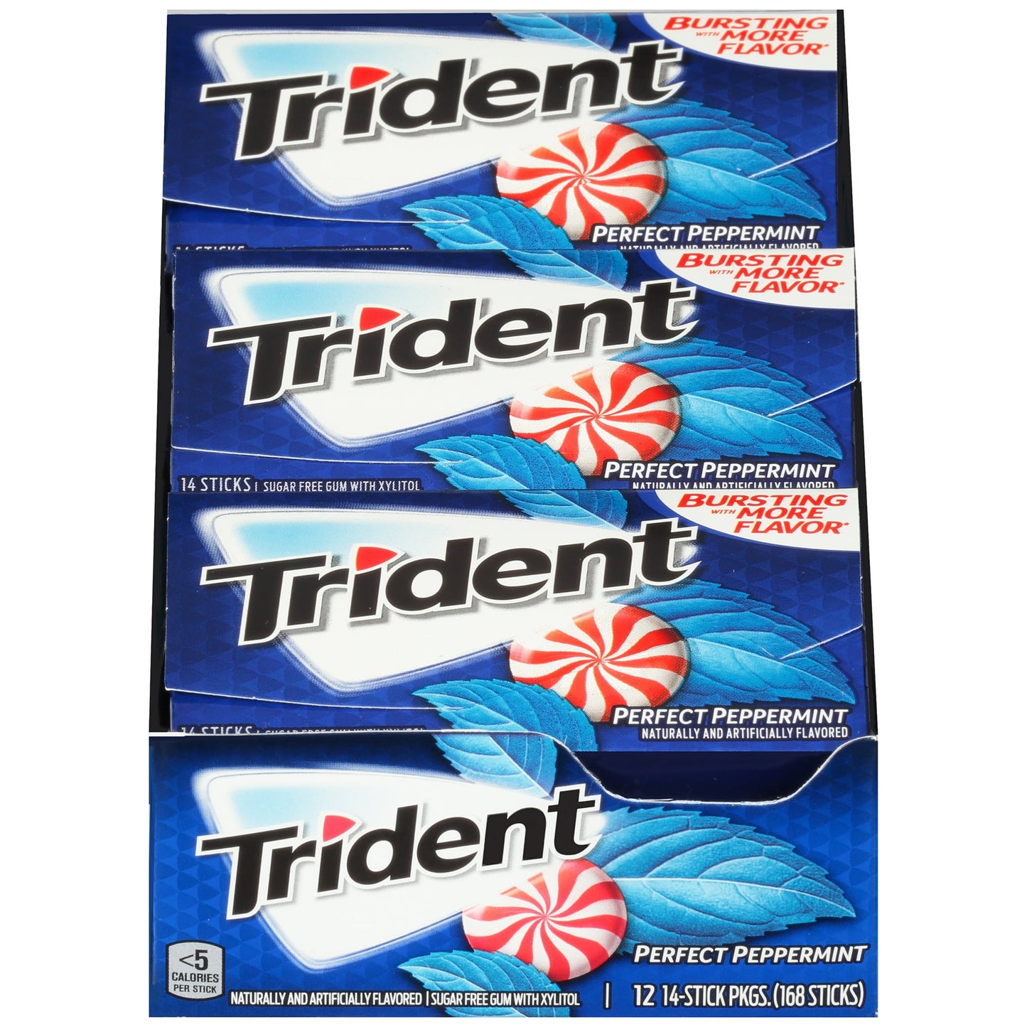 TRIDENT Perfect Peppermint Flavor Sugar-Free Gum refreshes breath with 30% fewer calories than sugared gum. Bulk package contains 12 individually wrapped packs (14 pieces per pack, 168 pieces total).