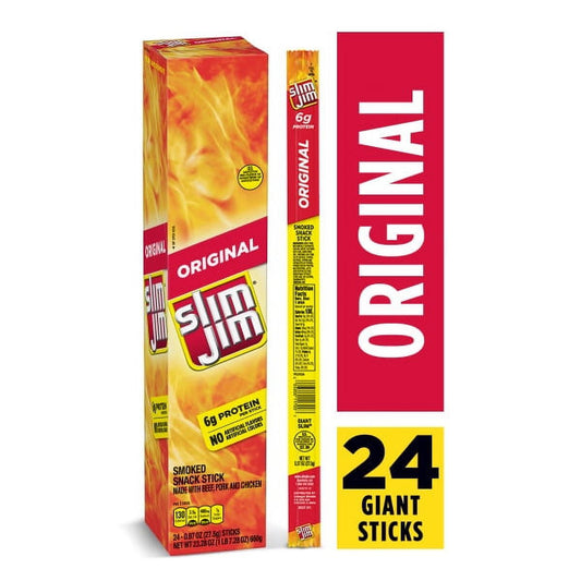 When it comes to snacking they say size matters. That's why Slim Jim Giant Original Flavor Smoked Meat Stick has a big, meaty flavor that will please the ginormous meat-lover in you; with 6 grams of protein in each serving, these original flavored meat stick easily please your need for beef. They come individually wrapped, so you can enjoy a king-size snack anywhere you want. Our epic portfolio of Slim Jim meat sticks, snack sticks, and beef jerky is colossal—just like your appetite. So, go ahead and fill y