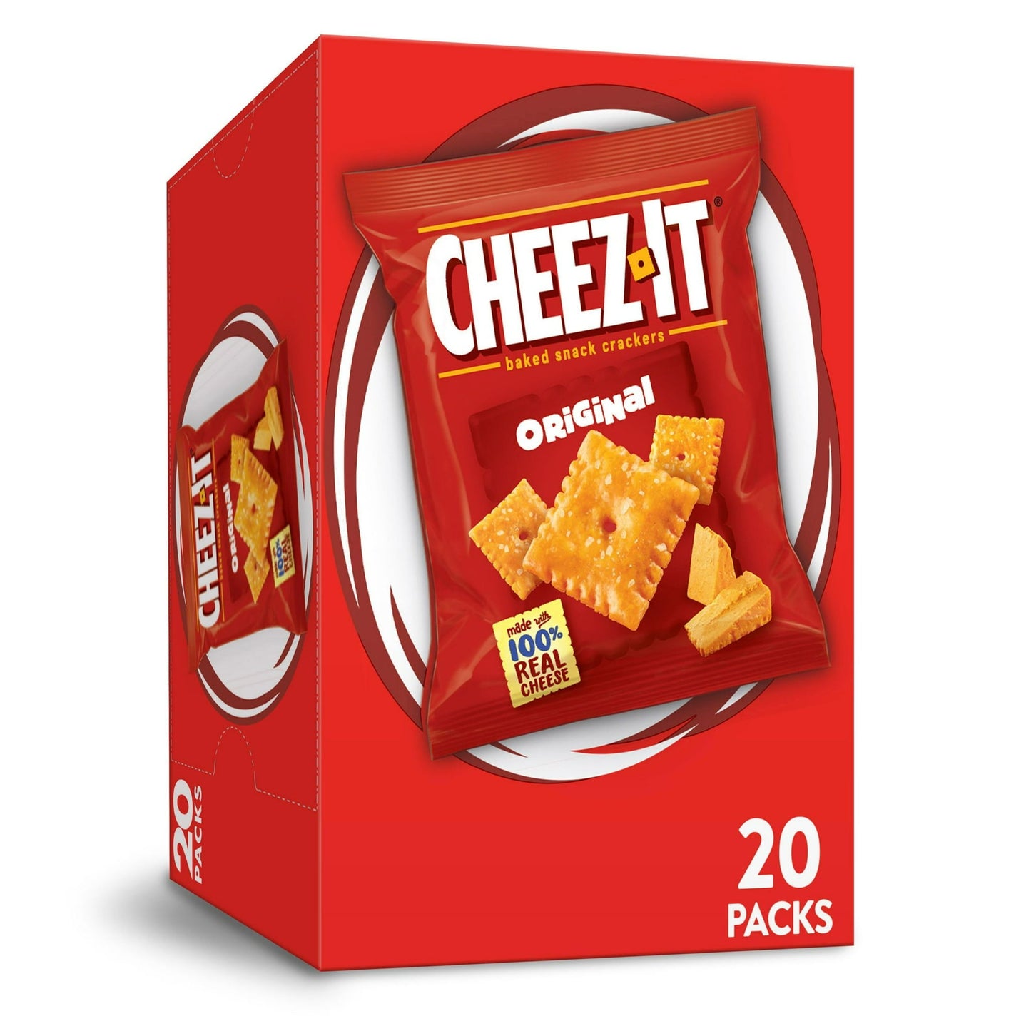 Outrageously cheesy and perfectly portable, these pouches of Cheez-It baked snack crackers contain deliciously crunchy little crackers that have captured cheese-lovers for decades. Discover a crowd-favorite snack made with 100% real cheese baked to crispy perfect for an irresistible taste in every crunchy bite. Each lightly salted crisp is loaded with a burst of cheesy flavor; Cheez-It baked snack crackers are an on-the-go fan-favorite for game night, school snacks, family movie nights, late-night snacking,