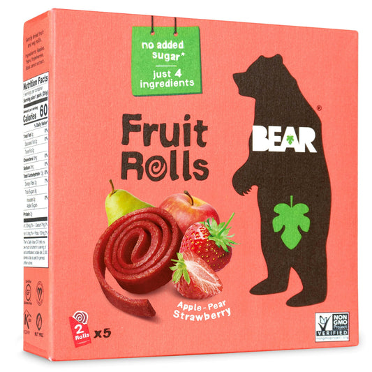 Enjoy our delicious organic variety pack of Strawberry Real Fruit Snack Rolls. This product comes in a pack of 5 so there's plenty to go around. They're gently pureed, not boiled, not mixed, just slowly dried at a low temperature preserving the fiber, vitamins & minerals in the fruit. BEAR makes natural, tasty and fun treats that only contain the goodness of fruit. Just fruit and absolutely nothing else. A unique combination that makes the healthier choice simpler for parents and more fun for kids. BEAR fru