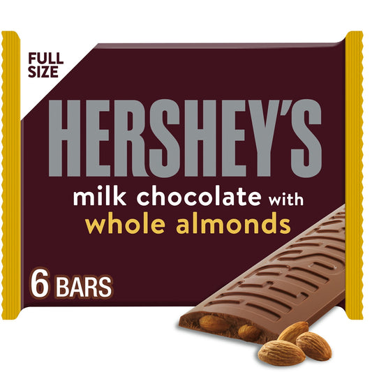 There's happy, and then there's HERSHEY'S happy. Made of the delectable, creamy milk chocolate that's been a classic for decades, HERSHEY'S milk chocolate with almond bars make life more delicious whether they're enjoyed alone or shared with loved ones. These full size, kosher and gluten free chocolate candy bars are the perfect treat for countless special and everyday occasions. Keep some on hand for guests, and store some in your pantry for convenient snacking when the mood strikes. Show up to movie night