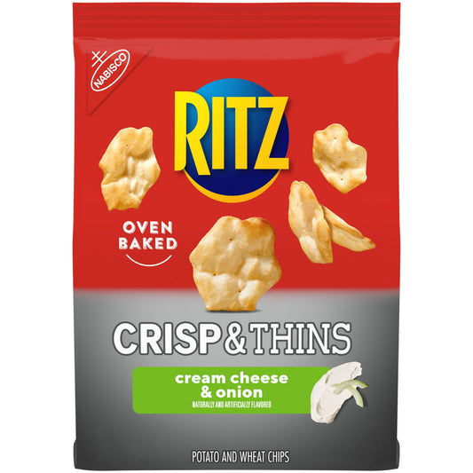 RITZ Crisp and Thins Cream Cheese and Onion Potato and Wheat Chips are light chips that are oven baked, not fried, with a crispy, thin shape and an irresistible crunch. These reduced fat chips contain 50 percent less fat than the leading regular fried potato chips. Pack these snack chips in lunchboxes for a crunchy companion to sandwiches, or add them to your snack food shelf as a tasty after school treat. Serve these cream cheese and onion chips alongside other shareable foods or by themselves for a light 