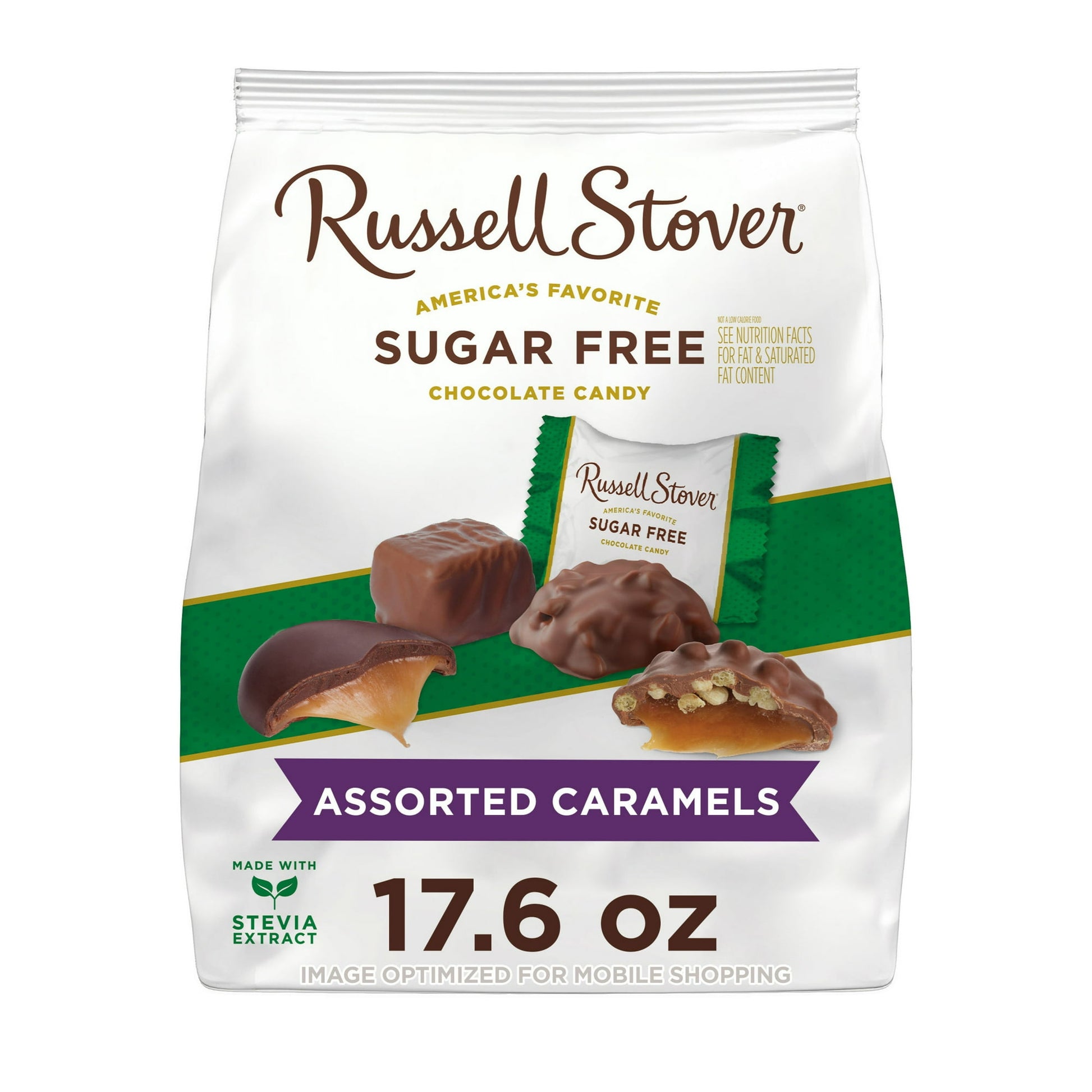 RUSSELL STOVER Sugar Free Assorted Caramels Chocolate Candy, 17.6 oz. bag, contains about 36 pieces of individually wrapped sugar free caramels in three favorite flavors: Dark Chocolate Caramels, Caramel Crispies and Caramels covered in chocolate candy. Made with Stevia extract, a plant-based sweetener that provides the sweetness you crave, without any added sugar. Perfect for sharing with friends and loved ones, this generous 17.6 oz. bag is ideal for considered gifting or filling up the candy bowl for gui