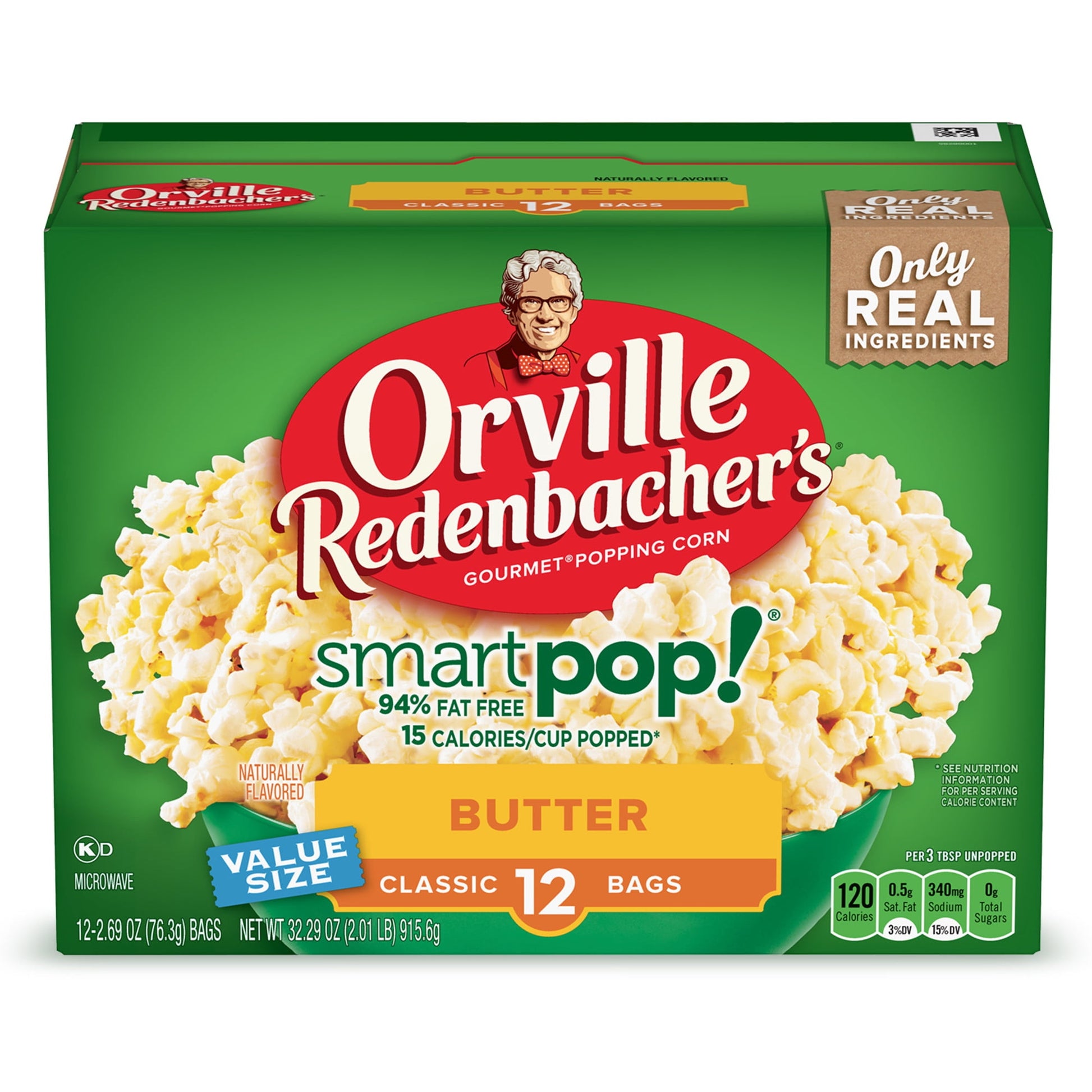 Orville Redenbacher's SmartPop! Butter Popcorn is 94% fat free, made with 0 g trans fat per serving, and has 15 calories per cup popped, making it a smart food to snack on. Plus, Orville Redenbacher's is the only leading brand that uses real butter*, and we are the only leading brand of microwave popcorn with no artificial preservatives, flavors, or dyes in all of our products. Our 100% whole grain microwave popcorn is made with high-quality, non-GMO kernels. Orville Redenbacher's isn't just a name-it comes