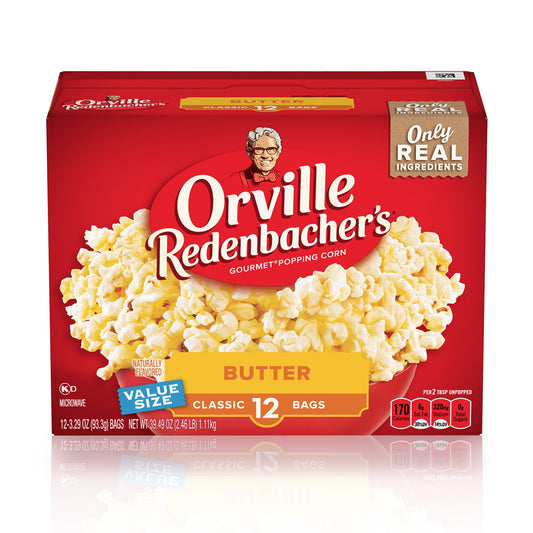 Orville Redenbacher's is the only leading brand that uses real butter* and the only leading brand of microwave popcorn with no artificial preservatives, flavors, or dyes in all of our products. Every handful of our delicious Butter Popcorn transports you from your couch to the theater. Orville Redenbacher's microwave popcorn is made with only high-quality, non-GMO popcorn kernels. Orville Redenbacher's isn't just a name. It's a promise of excellence and authenticity-and boom-the perfect microwave popcorn to