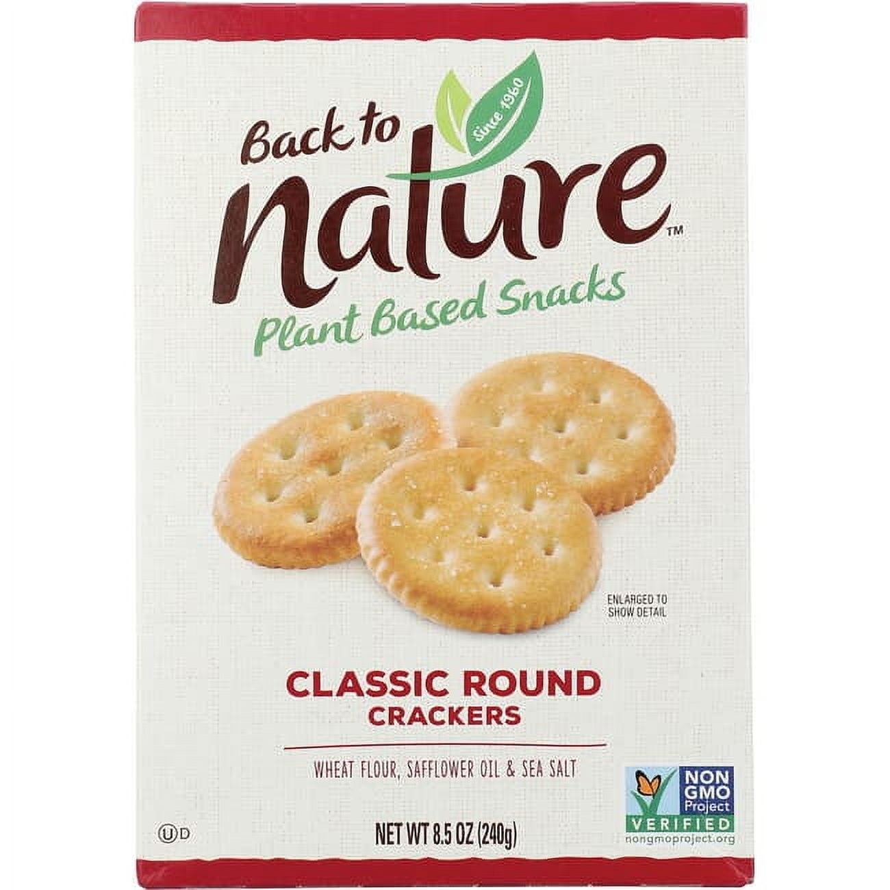 Back to Nature Classic Round Crackers are delicious, plant based crackers that are inspired by nature. Back to Nature crackers feature wheat flour, safflower oil and sea salt for delectable, baked snacks that you and the whole family can enjoy any time. Flaky and crispy, these golden round crackers are a twist on the familiar for a delicious, simple ingredient snack. These crispy crackers are plant based snacks that are kosher and Non-GMO Project Verified to meet your dietary needs. These snack crackers can