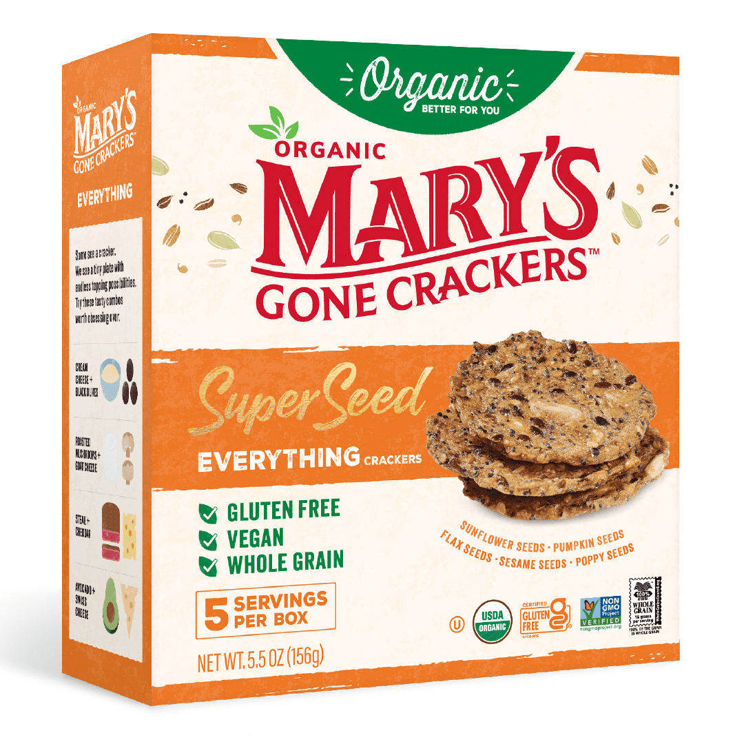 Crafted with a blend of pumpkin seeds, sunflower seeds, poppy seeds, flax seed, and sesame seeds, our Gluten-Free Seed Crackers are both nutritious and satisfying. These salty, crunchy crackers offer 5 grams of plant-based protein per serving, making them an ideal snack to fuel your lifestyle. Plus, they’re USDA Organic, non-GMO, Vegan, and Kosher certified. Manufactured in our own certified organic and gluten-free bakery, Mary’s Gone Crackers is committed to creating better-for-you food products that nouri