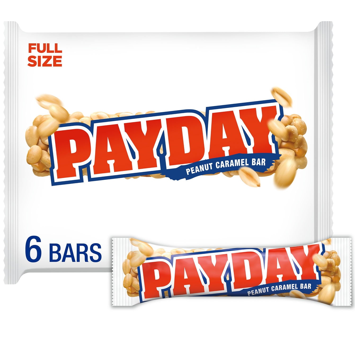 Made from crunchy peanuts and rich caramel, PAYDAY full size candy bars are a treat you know and love! This pack of full size candy bars is an ideal gift for any peanut fanatic. It's the perfect mix of sweet, salty and unbelievably satisfying. Nutty candy lovers are sure to enjoy this bar that keeps on giving. Each bar is wrapped for easy storing, snacking and sharing. So, if you're feeling generous, share a PAYDAY bar with a friend, family member or coworker. Or, leave a pack in the pantry or break room an