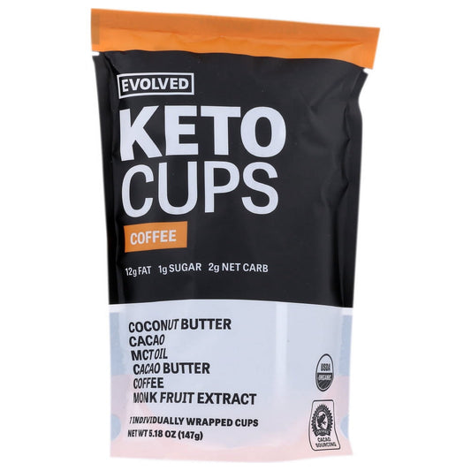 EATING EVOLVED DARK CHOCOLATE COFFEE KETO CUPS ARE MADE WITH INGREDIENTS LIKE ORGANIC CACAO, COCONUT BUTTER, MCT OIL, COFFEE AND VANILLA EXTRACT. EACH BAG CONTAINS SEVEN INDIVIDUALLY WRAPPED SERVINGS OF 1 CUP EACH. EACH SERVING PROVIDES 137 CALORIES, 1 G. OF PROTEIN AND 3 G. OF DIETARY FIBER. SEE NUTRITION PANEL FOR ALLERGEN INFORMATION.