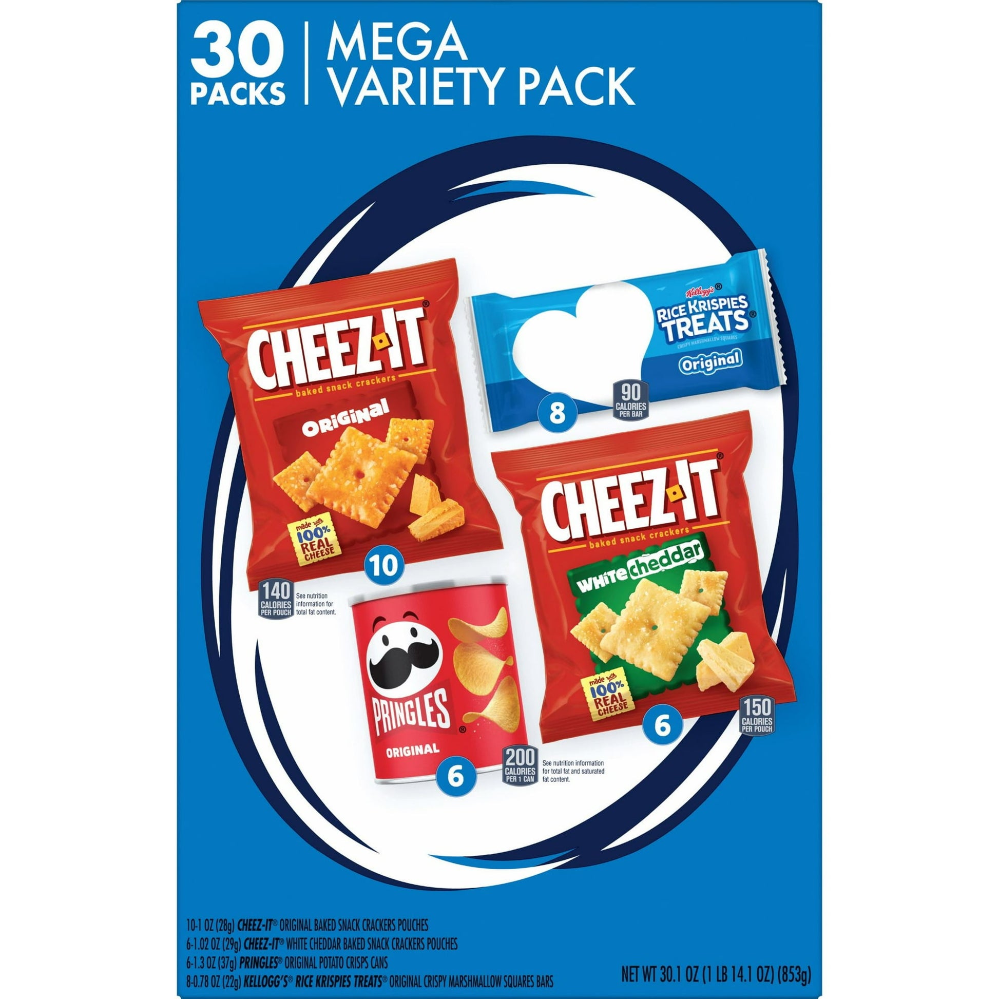 Make snack time a little easier and a whole lot more fun with the Kellogg's Snacks Mega Variety Pack and your choice of four tasty snacks. This variety pack includes Cheez-It Original baked snack crackers, Cheez-It White Cheddar baked snack crackers, Pringles Original potato crisps chips, and Rice Krispies Treats Original crispy marshmallow squares. All of these delicious snacks arrive conveniently contained in single-serving pouches or containers within one, grab-and-go box; Whether they're into savory, sw