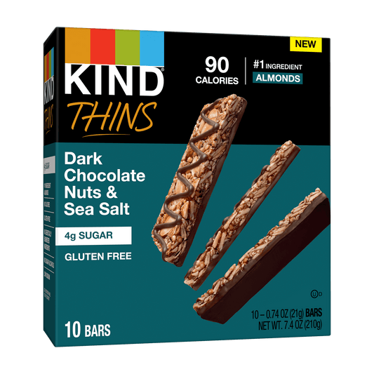 The great taste and ingredients of a KIND bar, now with a slimmer shape! NEW KIND Thins are made with #1 ingredient almonds, all have 100 calories or less per bar, 4g of sugar and are gluten free. The thin layer of sliced and diced nuts is paired with a sweet chocolatey or caramel coating layered on the bottom and finished with a drizzle on top for a rich and indulgent thin bar experience. Our top KIND® flavor comes to life in a new way in this thin bar. The roasted sliced almonds contribute to the rich nut