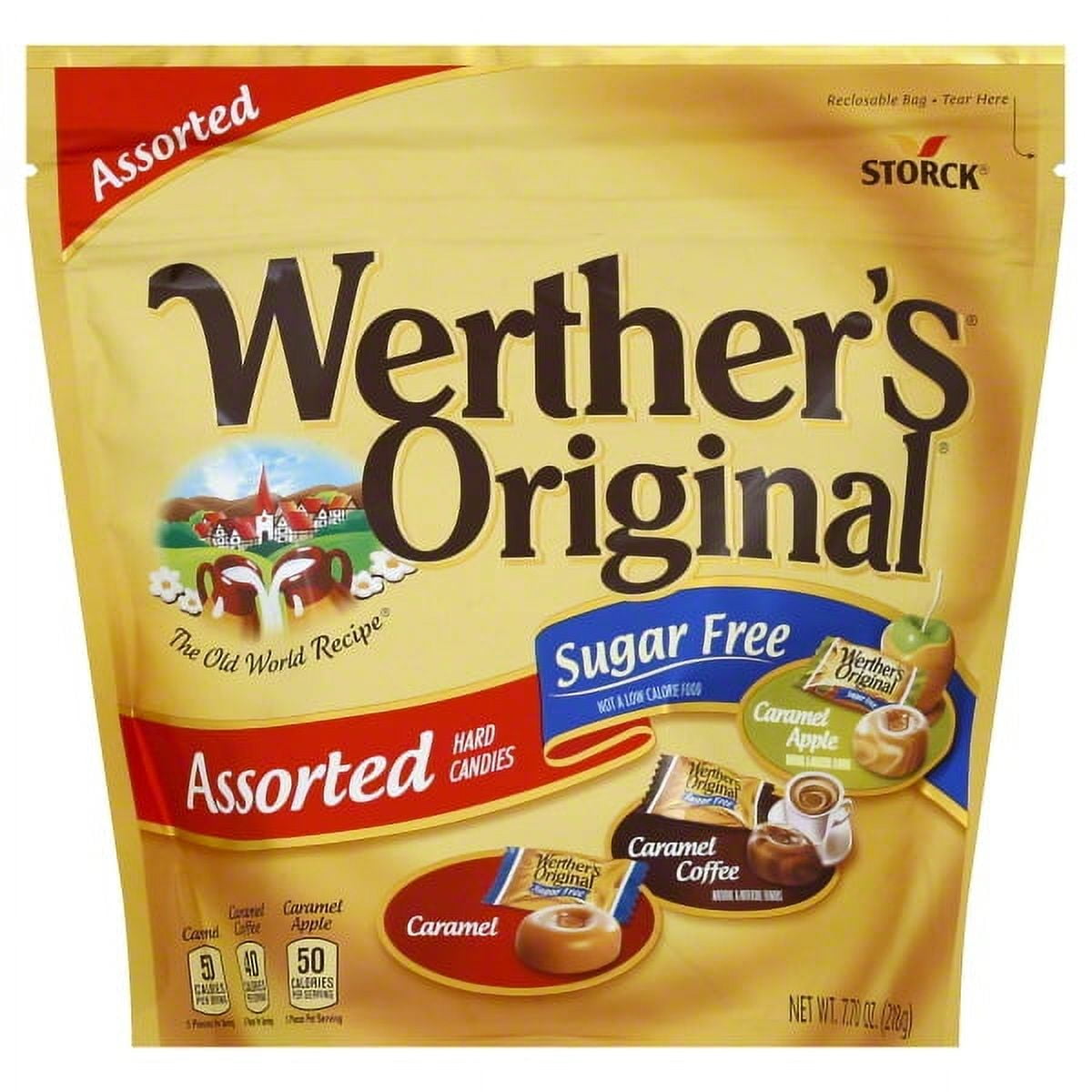 Enjoy a sweet snack that has stood the test of time with Werther's Original Hard Candy, 1 x 7.70 Oz (218g). Included in this flavorful pack of goodies are caramel, caramel coffee and caramel apple. The sugar-free hard candy is nice to be enjoyed as a snack at work, after getting home from school, as a dessert and in a variety of other ways. Each piece of delicious candy has 50 or fewer calories per serving and is packed full of mouth watering goodness. Enjoy this item for as long as you want as each piece i