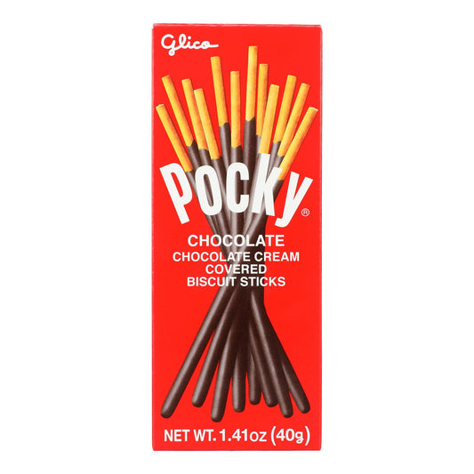 Enjoy a sweet treat any time of the day with this pack of Glico Pocky Chocolate Cream-Covered Biscuit Sticks. This product makes a tasty snack after your favorite meal or whenever you feel like it. Glico Pocky biscuit sticks are covered in chocolate cream. With the delicious flavor, it?s hard to stop at just one. This box of Glico Pocky Chocolate Cream-Covered Biscuit Sticks contains 20 packs, each with 1.41 oz of the product. It?s a wonderful snack to always have in stock at home or in your office desk or 