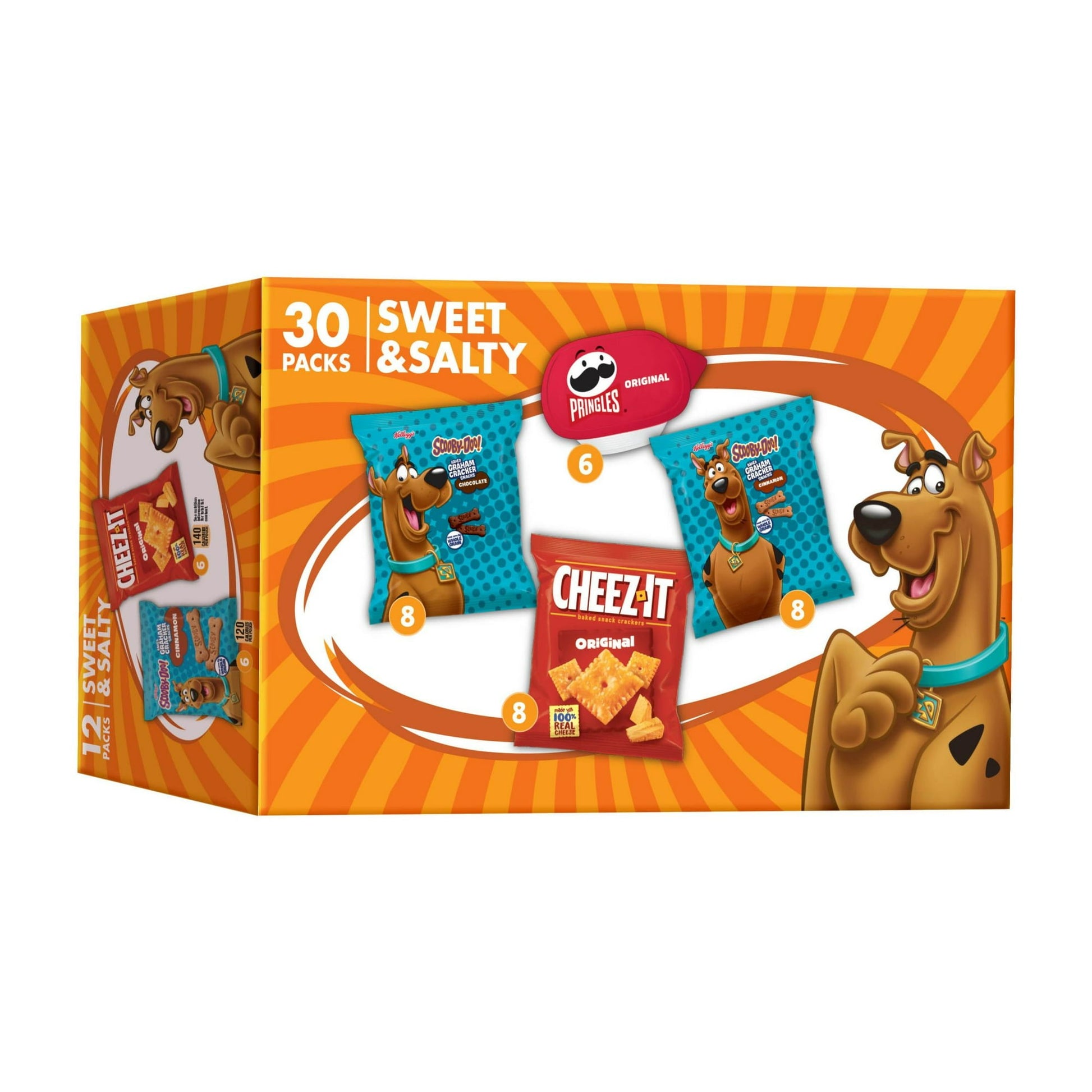 Satisfying cravings for kids and adults with Kellogg's Sweet & Salty Variety Pack. 28-ounce box includes a choice of four delicious family favorites: SCOOBY-DOO! Graham Cracker Snacks in cinnamon or chocolate flavors, mouthwatering Cheez-It Original Baked Snack Crackers, and Pringles Original Potato Crisps. Convenient, individual-size snacks serve up grab n' go fun for everyone; Kellogg’s bulk package keeps snack food handy for any school lunch, office desk, or car ride. Stock your home pantry with this Kel