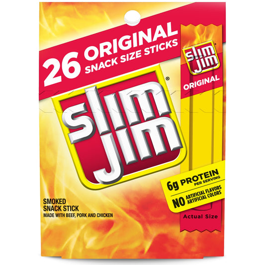 Experience intense, smoky flavor with delicious Slim Jim Original Snack Size Sticks. Made with beef, pork and chicken, these meat sticks contain no artificial flavors or colors for full meaty flavor everyone can love. Each meat stick serving is loaded with 6 grams of protein, ideal for protein snacks that kick hunger to the curb and leave you feeling satisfied. These individually wrapped snacks go where you go and are perfect as travel snacks, school snacks or anywhere meat snacks. Slim Jim Original Snack S