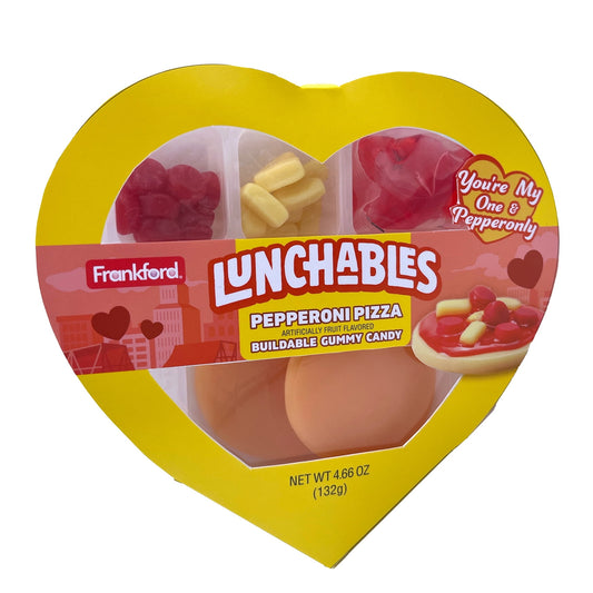 Lunchables Gummy Candy Pepperoni Pizza Kit Heart Shaped Box Valentine's Day Gift, 4.4 oz. Each novelty Valentine's Day includes fruit flavor gummy candy based on the iconic brand we all know and love, Lunchables. Each box cleverly tells your sweetheart "You're My One & Pepperonly!" Have fun building each unique pepperoni pizza with gummy pizza crust, gummy pepperoni, gummy cheese & liquid candy sauce, just like a real Lunchables sandwich. Net weight: 4.4 ounces. Piece Count-12. Brought to you by Frankford C