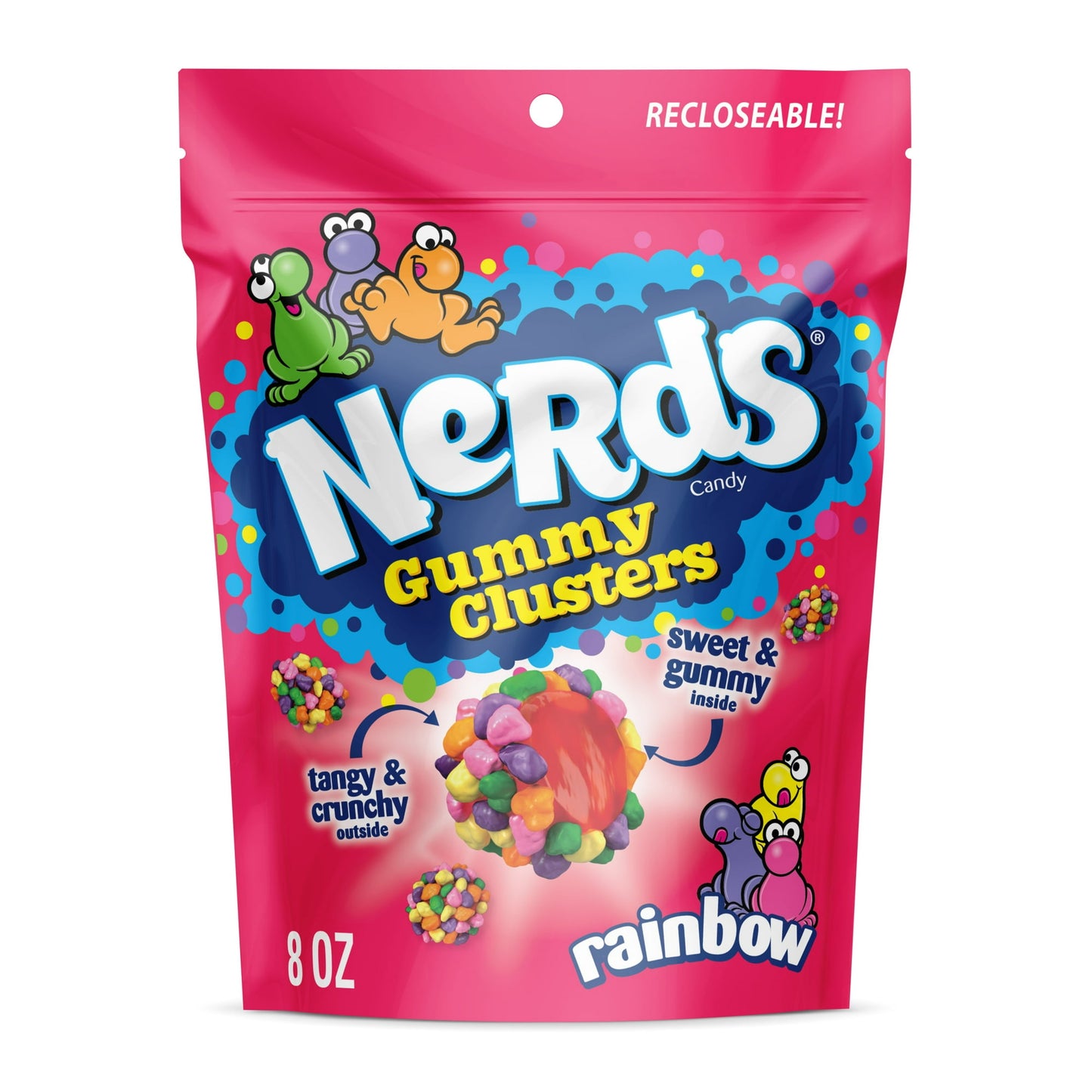 Crunchy, gummy, tangy — it's all coming together to provide a truly craveable experience in every bite of NERDS Gummy Clusters. Candy lovers have been waiting for this one-of-a-kind poppable treat, with Rainbow NERDS candy surrounding a fruity gummy center. Experience the delectable candy revolution. NERDS Gummy Clusters candy deliver multiple textures and flavors, taking hungry fans on a taste-filled journey as they chew. This candy fuels fun for every occasion, so what are you waiting for? Haven’t we told