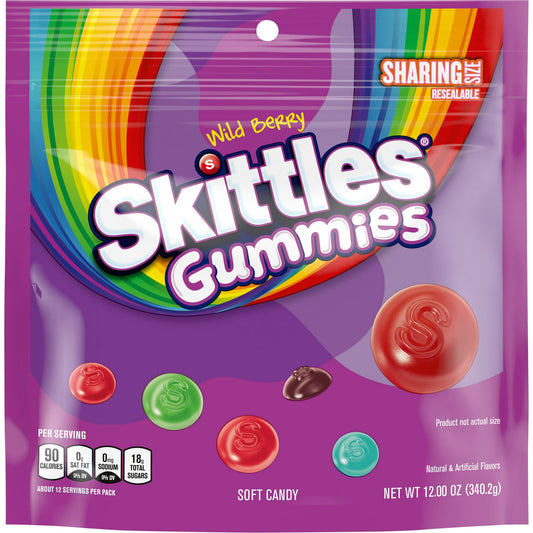 Taste the Rainbow with NEW SKITTLES Gummy Candy –– You asked for SKITTLES Gummies. We said "Let's Do It!" Enjoy everything you love about SKITTLES Wild Berry candy now in gummy candy form. A soft and fruity mix of berry punch, strawberry, melon berry, wild cherry, and raspberry flavored chewy candy. Enjoy gummy candy over and over again with this resealable Sharing Size Wild Berry SKITTLES candy pack. Forget gummy bears and gummy worms, find gummy candy awesomeness with soft and fruity SKITTLES Gummies. Fro