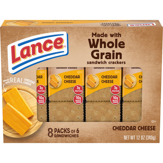 Enjoy a satisfying snack on the go with Lance Made with Whole Grain Cheddar Cheese Crackers. Baked with whole grain and made with a real cheddar cheese filling, these delicious snacks come in convenient packs that can be taken with you anywhere. At Lance, sandwiches mean more: they aren’t just two somethings with whatever in the middle. A Lance sandwich is two awesomes with totally incredible in the middle - and we’ve made them that way for over 100 years. This cheese and cracker creation from Lance is a fl