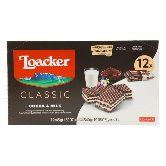 Classic Cocoa&Milk wafer cookies, 1.59oz. All the goodness of Loacker in a handy pack that goes wherever you go. This treat comes in a box holding 12 snack packs. A handy snack to keep at home, send in lunches, after school snack or enjoy after your coffee or tea. The delicious wafers are extraordinarily crispy - 3 crispy wafers with 2 rich layers of the finest milk creme. Loacker's Classic wafer cookies turn every bite into an experience of mouth-watering pleasure. The convenient on-the-go snack pack is id