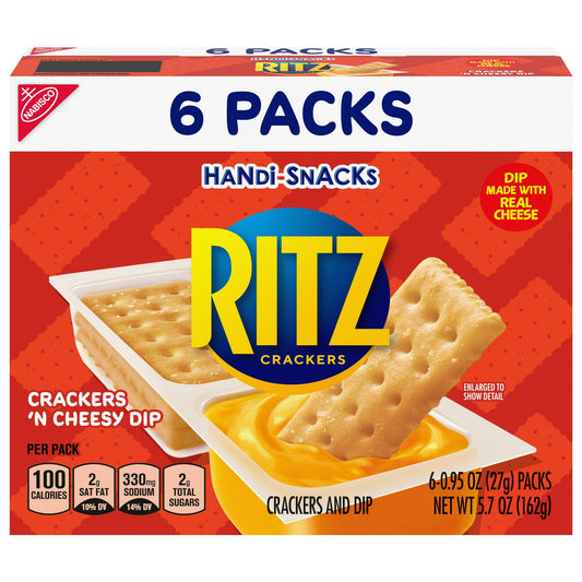 RITZ Handi-Snacks Crackers and Cheese Dip pairs the rich, buttery taste of RITZ snack crackers with a cheesy dip made with real cheese. Each of these tasty cracker packs contains 100 calories per serving. These cheese and crackers snack packs are individually portioned and do not require refrigeration, making them a perfectly portable, go-anywhere option. Add a cracker snack pack to your lunchbox, toss one in your purse or backpack for a fast bite to eat, or simply keep a stash in your pantry as a grab-and-