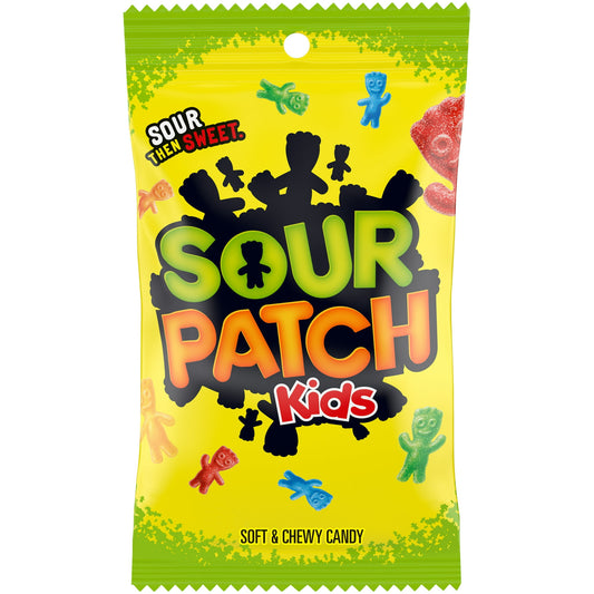 SOUR PATCH KIDS Soft & Chewy Candy packs all the classic flavor into a mischief-filled soft candy. Each bag contains sour candies in signature assorted fruit flavors that create a SOUR THEN SWEET treat to satisfy your taste buds. Add a little fun to your candy experience with the unique kid shapes that give these candies their name. Keep SOUR PATCH KIDS on-hand for quick gummy snacks or as party favors for Halloween, Valentine's Day or birthdays.