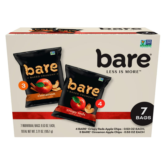 We believe it’s the simple things that make life a little fuller. Our crave-ably crunchy snacks are made from simple, real ingredients. 0.53 ounces bag. Bare Baked Crunchy Apple Chips are made from real fresh apples that are sliced, then slowly baked to a perfect crunch, with no added sugar and no preservatives. Unlike other dried fruit options, bare combines the goodness of fruit with the crunch of a chip, which makes them a portable, convenient, anytime snack that's truly satisfying.