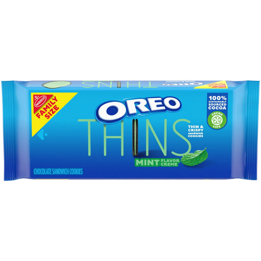 OREO Thins Mint Creme Chocolate Sandwich Cookies are the classic OREO cookies you’ve always loved, but with a crisp, delicate, and delicious twist. Always made with Real Cocoa, these thin mint cookies have a sweet mint flavored creme filling and crispier texture for less crumbs and more crunch. Resealable packs with easy-pull tab keeps OREO mint cookies crispy and fresh and is perfect for snacking, sharing, or traveling.