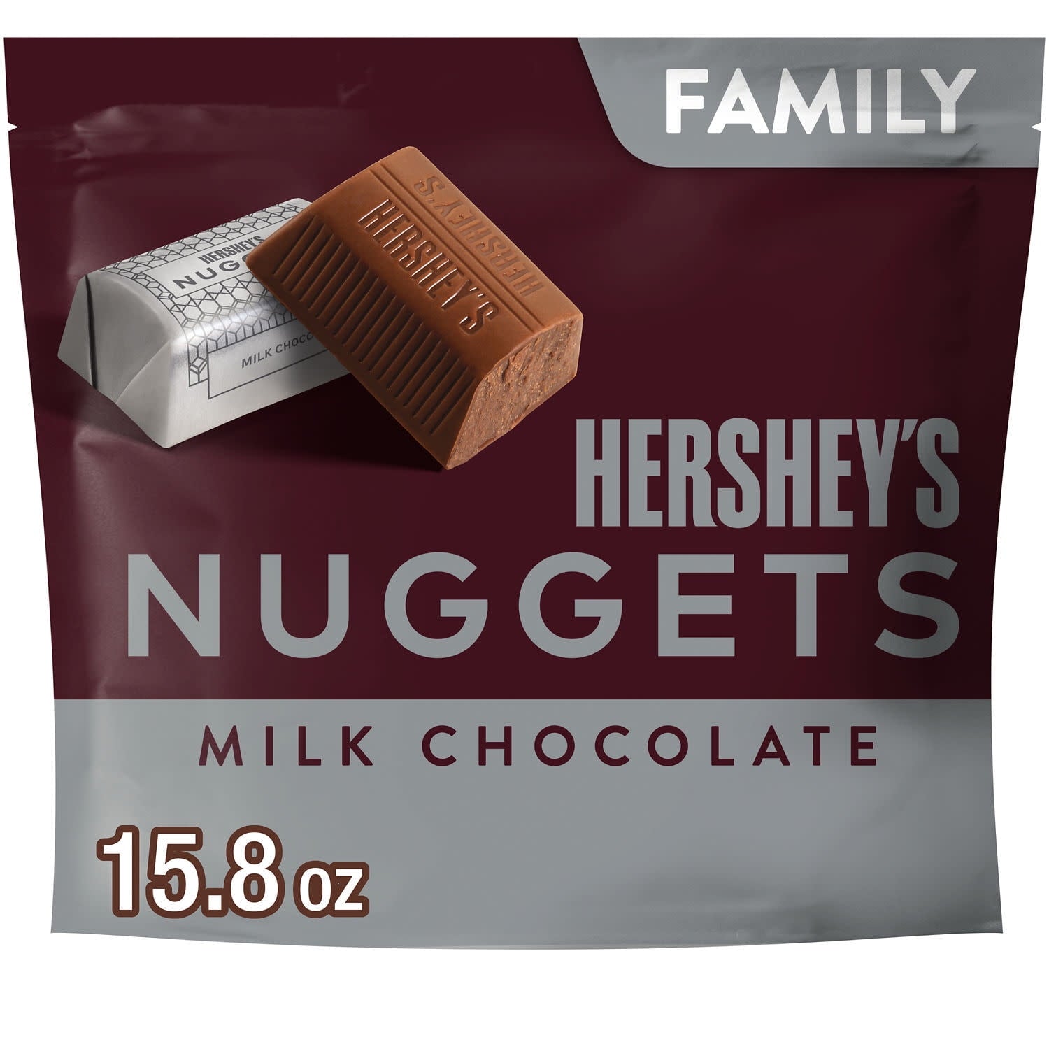 The HERSHEY'S NUGGETS milk chocolate candy family pack is filled with delicious chocolate treats any milk chocolate lover will adore. Each two-bite candy offers creamy, delightful milk chocolate individually wrapped in stunning silver foil. Dress your kitchen table up with a bowl of HERSHEY'S NUGGETS goodies, surprise your co-workers with a filled candy dish or drop a handful of these treats into a party bag for an instant, anytime gift. HERSHEY'S NUGGETS candies are a crowd-pleasing treat to share during g