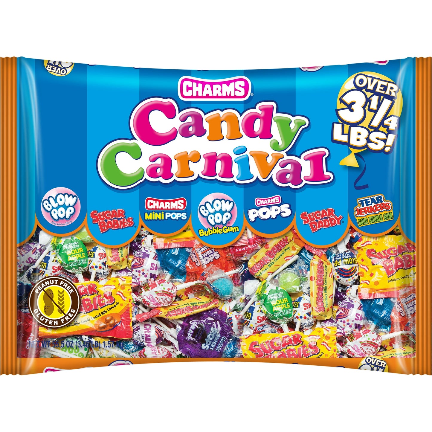 Mix of the century! Charms Candy Carnival consists of Blow Pops, Sugar Babies, Charms Mini Pops. Sugar Daddy, Charms Pops, Blow Pop Bubble Gum, and Cry Baby Tear Jerkers Sour Bubble Gum. The Charms Candy Carnival Mix is 55.5 ounces and perfect for Halloween, parties, sports events, candy dishes, and more. Candy Carnival boasts several classic brands as well as new brands for the perfect mix of exciting and familiar. Candy Carnival is gluten free and peanut free.