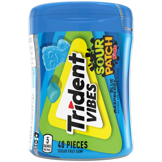 Trident Vibes SOUR PATCH KIDS Blue Raspberry Gum packs all the fun of your favorite sour candy into a sugar free gum. Each square piece of sugarless gum has only 5 calories and is coated with a crunchy candy-like shell that’s loaded with SOUR THEN SWEET blue raspberry flavor. This Trident flavored gum is packaged in a convenient bottle, making it easy to stash almost anywhere. Keep a bottle of Trident gum in your desk, car or anywhere else you might crave a piece of fruit gum. Peanut and tree nut free. 40 p