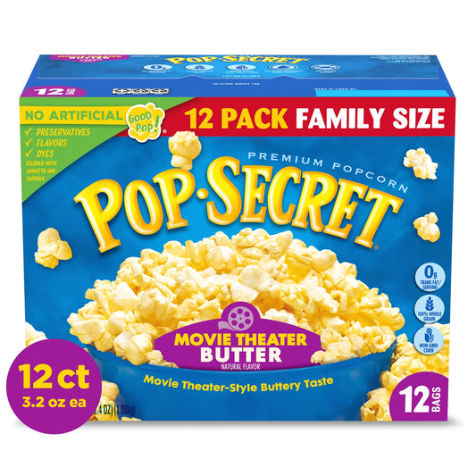 Pop Secret Movie Theater Butter Flavor is your secret to movie night! With a classically rich buttery flavor and airy crunch, this craveable popcorn makes home movie night feel like you’re at the theater, with that familiar aroma and rich flavor. Our microwaveable popcorn is ready in minutes, so it’s easy to serve up hot popcorn to family and friends. These popcorn bags are perfect for sharing or pouring into a bowl to pass around. Made with non-GMO kernels, and no artificial preservatives or flavors, every