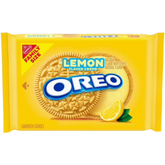 Take a delicious break with OREO Lemon Creme Sandwich Cookies, a citrus twist America's favorite sandwich cookie. Supremely dunkable, these Lemon flavored creme and crispy vanilla wafer cookies adds a twist to Lemon Sandwich Cookies--making them milk's favorite cookie. OREO lemon flavored creme cookies are a sweet treat that's great for serving at parties or packing with lunch for school or work. You can even mix these sweet snacks into your favorite dessert recipe for a sweet lemon twist. The resealable pa