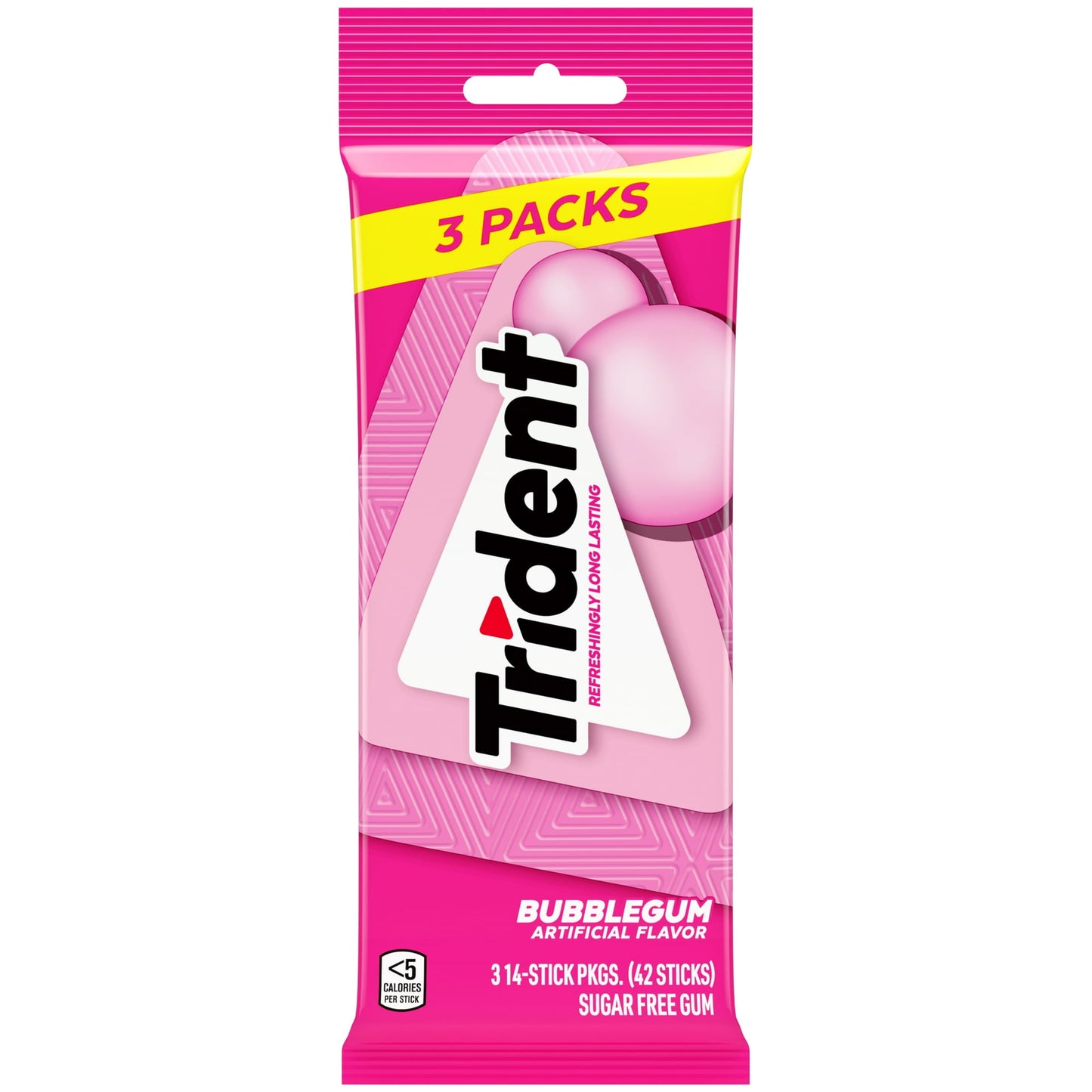 Trident Bubblegum Sugar Free Gum is a fun and delicious way to freshen breath and protect your teeth. With 30% fewer calories than sugared gum, Trident sugar free bubble gum is sweetened with xylitol, a naturally occurring sugar alcohol. The ADA Council on Scientific Affairs found that the physical of chewing Trident sugarless gum for 20 minutes after eating stimulates saliva flow which helps to prevent cavities by reducing plaque acids and strengthening teeth. Each pack of gum is designed so the gum stays 