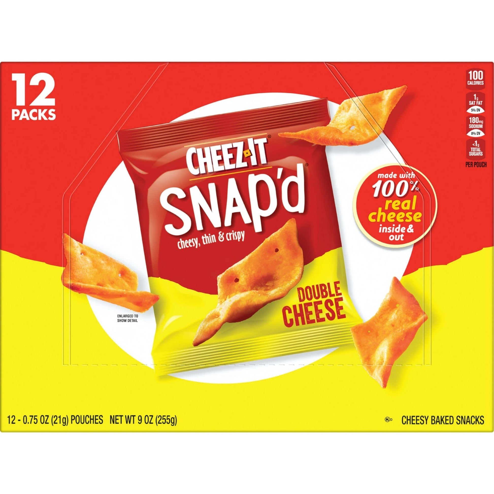 Big cheese taste inside and out, Cheez-It Snap’d Double Cheese cheese cracker chips are super thin and loaded with big double cheese flavor. Made with 100% real cheese inside and out, Cheez-It Snap'd snacks are a crowd-favorite. Snap'd snacks are delightfully thin with a crispy snap for extra crunch in every bite; Perfect for celebrating at games, adding to party spreads, pairing with sandwiches, and curing late-night savory cravings. Pack your Snap'd snacks in school lunches or as an extra snack on-the-go.