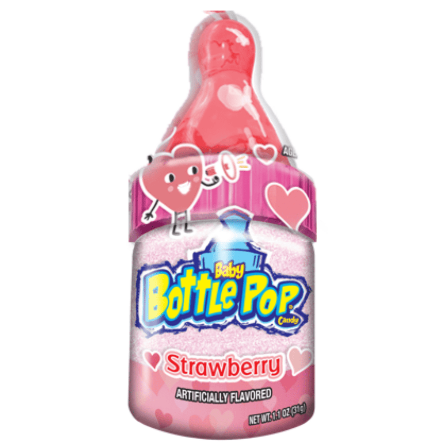 Baby Bottle Pop Valentine Lollipop Strawberry Flavor, 1.1 oz. This Valentine's Day, turn up the fun with the Baby Bottle Pop Valentine Candy! Each candy comes in a playful baby bottle-shaped container that's not just adorable but also perfect for the season of love. Featuring a Strawberry lollipop that dips into candy powder, it's designed to bring out the silliest, goofiest sides of both kids and adults alike.