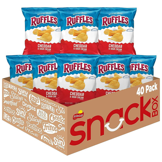 Chip lovers have come to know that R R R Ruffles Have Ridges! The thick ridges of Ruffles Potato Chips help hold more great potato chip flavors and stand up to the thickest dips. Ruffles potato chips snacks provide the perfect portion size and flavor to keep your entire family happy. No matter what the occasion from stocking the pantry, to your next family party, to the lunch box, or even a desk break, all you have to do is grab a pack and go! These snacks are Shelf-Stable and individually packaged, so they