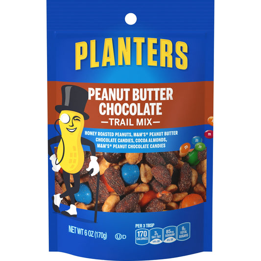 Planters Peanut Butter Chocolate Trail Mix combines the satisfying crunch of almonds and peanuts with the sweet taste of chocolate and peanut butter for a crave-worthy snack. Savor the flavors of honey-roasted peanuts and almonds dusted with dark cocoa alongside peanut M&M's and peanut butter chocolate M&M's. This satisfying snack is low sodium and provides a boost when you're hitting the trail, camping, or setting off on a road trip. With just a pinch of salt to bring out the nuts' goodness, this bag of tr