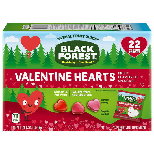 Black Forest Valentine Hearts Fruit Flavored Snacks are the perfect snacks for adults and kids alike. Fans of Black Forest Gummy Bears will love these heart-shaped fruit-flavored snacks. You can add a deliciously fruity and fun experience to every party mix. Black Forest Valentine Hearts Fruit Flavored Snacks give you a delicious way to snack with passion and a touch of love packed into each bite. Include them in your rotation of snacks for kids or even in snack boxes for adults.