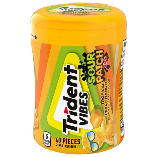 Trident Vibes SOUR PATCH KIDS Tropical Peach Mango Gum packs all the fun of your favorite sour candy into a sugar free gum that delivers a delicious, long-lasting chewing experience. With 35% fewer calories than sugared gum, this sugarless gum has only 5 calories per piece and is coated with a crunchy candy-like shell that’s packed with the irresistible SOUR THEN SWEET flavor of SOUR PATCH KIDS candy.