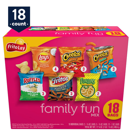 Frito-Lay Variety Packs provides the perfect portion size and variety to keep your entire family happy. No matter what the occasion from stocking the pantry, to your next family party, to the lunch box, or even a desk break, all you have to do is grab a pack and go! Shelf-Stable / Ambient. Multipack Retail Packaging. Frito-Lay Chips and Snacks. Perfect for on the go snacking and adventures the whole family can enjoy!