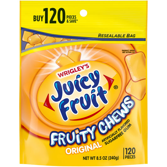 Happy mouths chew Juicy Fruit Gum. This iconic chewing gum has the fruity, juicy flavor you love with a crisp outer shell to give you a delightful crunch. Each bag of sugarfree gum is filled with fruity flavor. Packaged in a resalable bag, this delightfully fruity gum is perfect for keeping in your car for road trips or stocking the office pantry. What are you waiting for? It's time to start enjoying yourself with Juicy Fruity Original Chewing Gum.