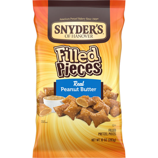 Delicious Snyder's of Hanover real Peanut Butter filled pretzel pieces are flavorful pretzels perfectly filled with real creamy peanut butter. The taste is pure perfection! They are bursting with intense flavor and delicious crunch for the perfect snack. And they're a baked alternative to potato chips with 0g trans fat, no MSG, and 5 grams of protein. You'll love these crunchy pretzel pieces as a lunch snack or school snack. Snyder's of Hanover has been America's Pretzel Bakery since 1909 and our pretzels g