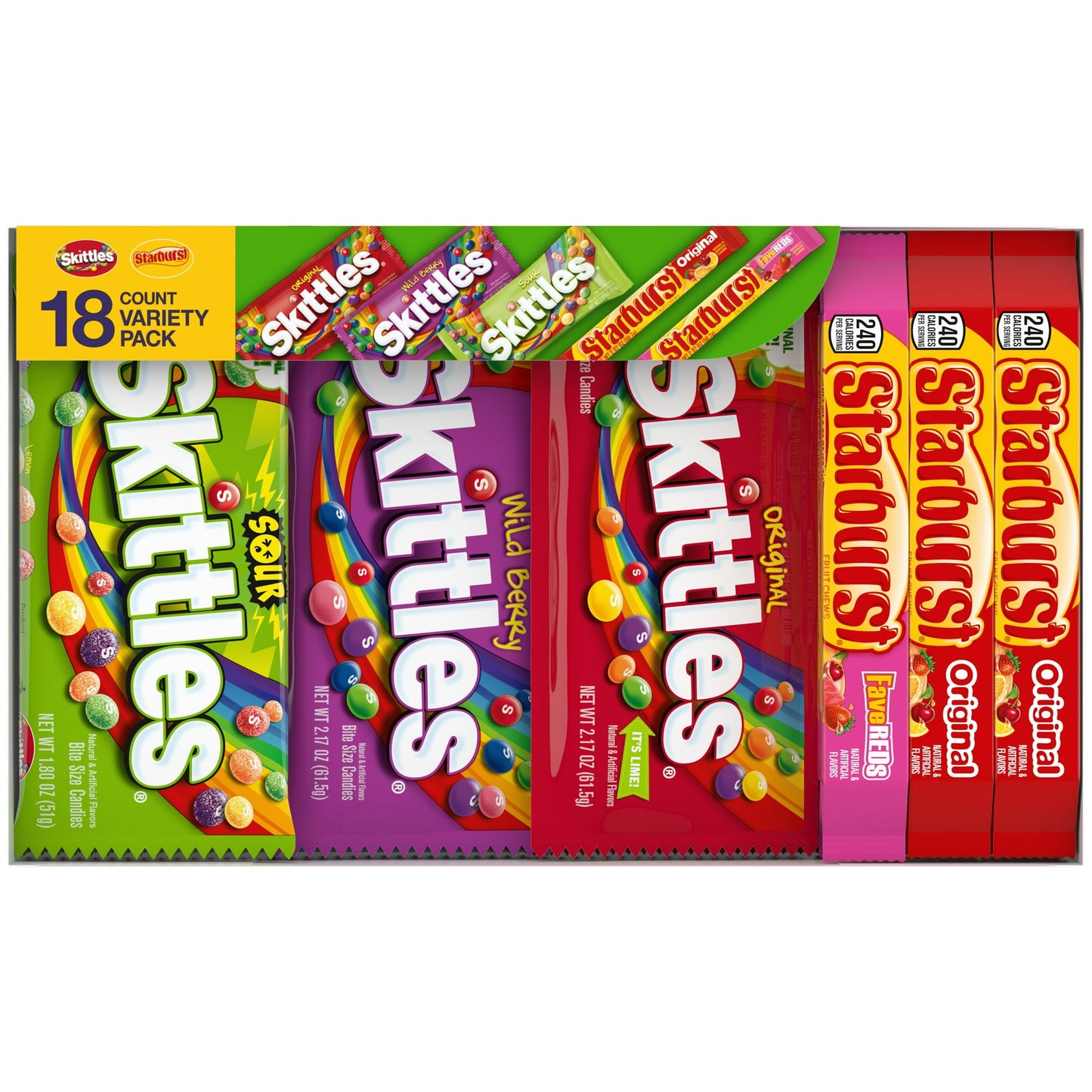 Longing for the bold fruit flavors of the SKITTLES Candy Rainbow? Can't get enough of the unexplainably juicy flavors of STARBURST Fruit Chews? Better stock up on your family’s favorite treats to avoid finding yourself facing a candy shortage with this Mars Mixed SKITTLES and STARBURST Full Size Candy Variety Pack. Perfect for gifting or simply sharing with friends, this Mars Mixed variety pack includes SKITTLES Original, Sour, and Wild Berry Candy flavors, and STARBURST Original and FaveREDS Candy flavors.