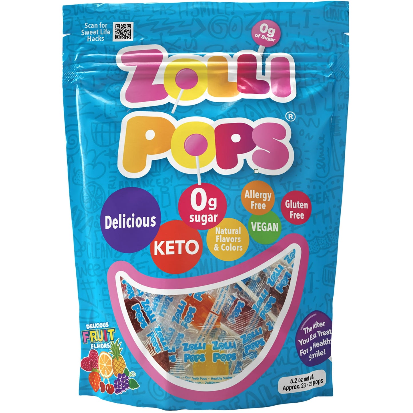 Zollipops Lollipops, Zolli Pops Zero Sugar Free Candy, Natural Fruit Flavor, Keto, Vegan, 5.2 Oz Zollipops candy treats are delicious with natural flavors and tooth-friendly ingredients. Zero sugar and artificial dye free great for Halloween trick or treating and school parties. Just when you thought life couldn’t get any sweeter - our sugar free candy is actually good for your teeth. How is this possible? Thanks to the unique blend of ingredients in Zollipops, Zolli Drops, and Zaffi Taffy, our 100 percent 