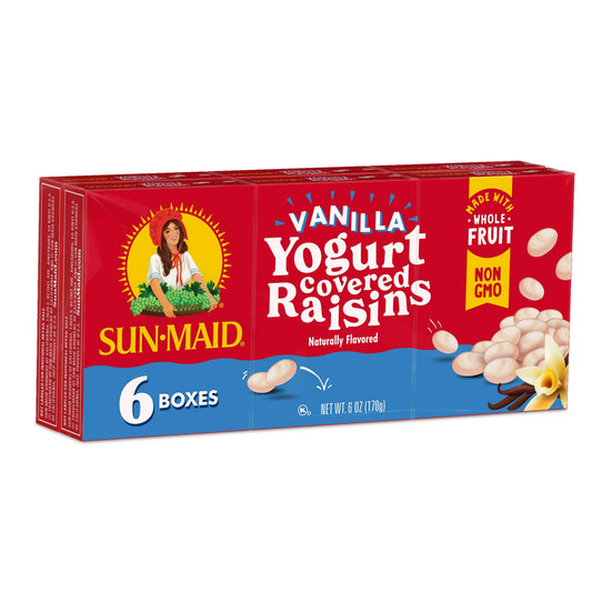 Sun-Maid® Vanilla Yogurt Covered Raisins - Kids crave, moms approve, made with whole fruit. Sun-Maid®’s timeless and trusted raisins wrapped in a creamy blanket of vanilla yogurt. A better for you, on-the-go snack that’s got your cravings covered. Sweet and creamy without the guilt of candy. Make Sun-Maid® Vanilla Yogurt Covered Raisins a part of your daily routine, at home or on the go.