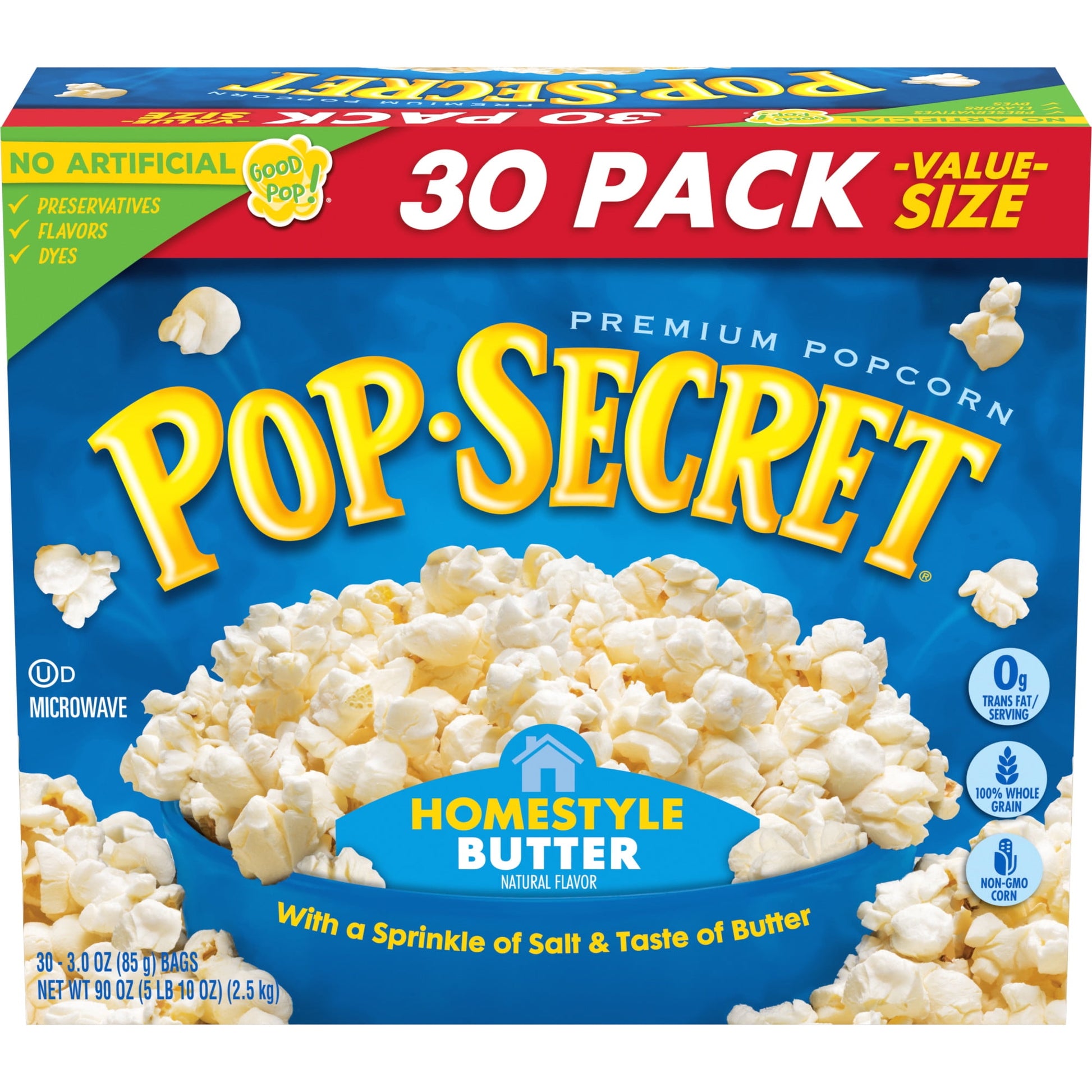 With Pop Secret(R) Homestyle Butter Flavor Popcorn, we're going back to our roots! This Pop Secret recipe delivers a taste of home with its sprinkle of buttery flavor and kernels that pop up light and fluffy. Start popping and get ready for people to follow the amazing aroma. Our homestyle microwaveable popcorn bags pop up fast, hot, and delicious. They’re perfect for movie night, TV time or any time you’re craving a buttery-tasting snack. And with more than 3 servings in each of our popcorn bags, Pop Secre