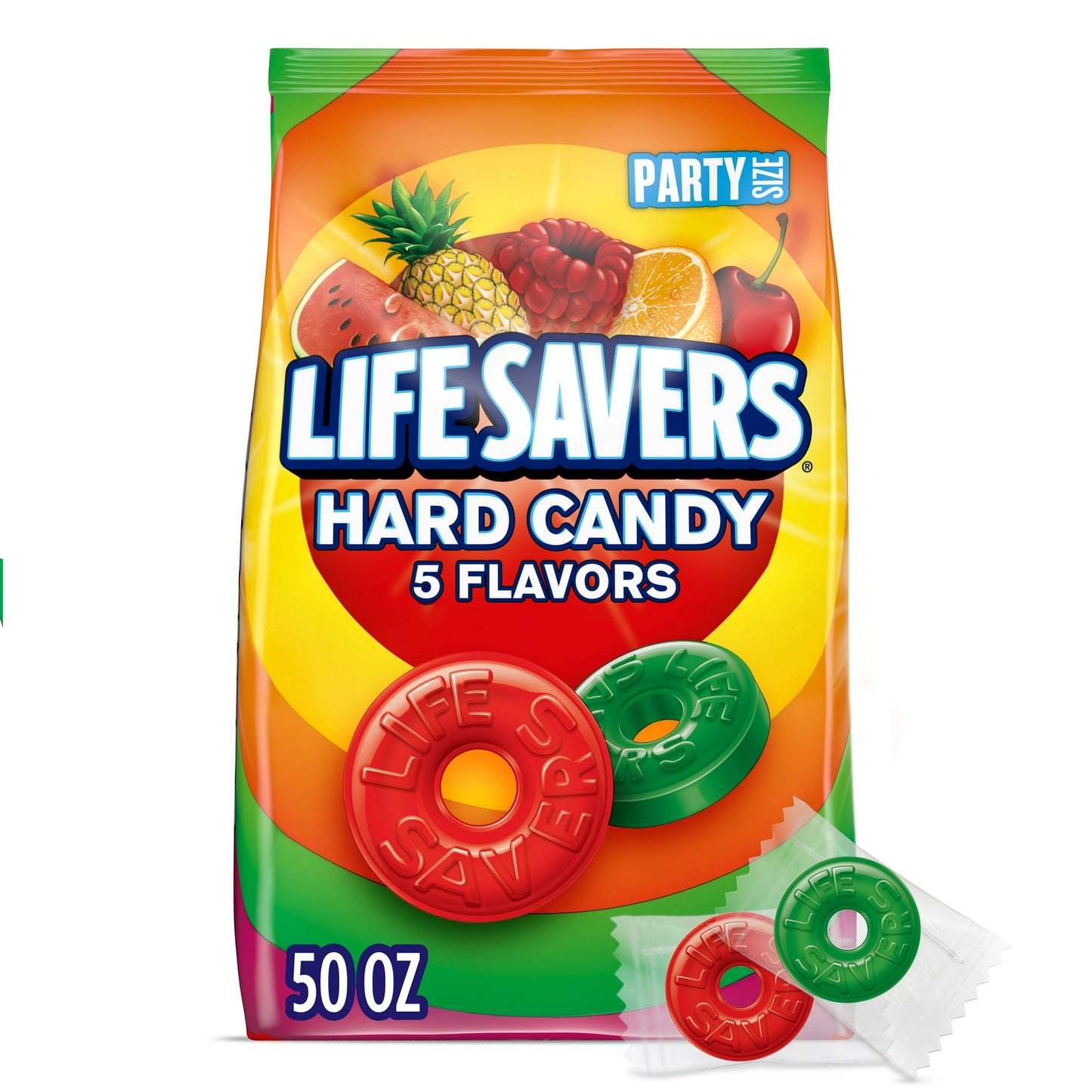 Enjoy your favorite classic candy treat with LIFE SAVERS Original 5 Flavors Hard Candy. Featuring the famous cherry, raspberry, watermelon, orange, and pineapple fruit flavors, each bag contains enough hard candy pieces to share with friends, family or coworkers. The possibilities are endless with this party size bag filled with delicious, fruity LIFE SAVERS Hard Candy. Keep some LIFE SAVERS Hard Candy in your desk for an afternoon treat or fill piñatas and office candy dishes with these individually wrappe